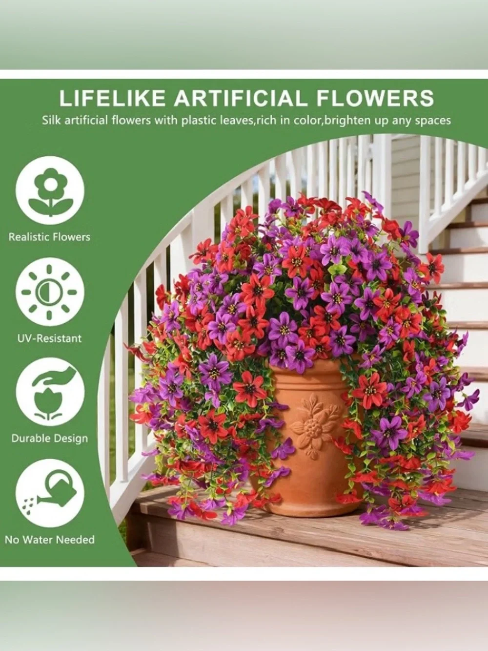 2 Bundles Fake Silk Flowers Realistic Outdoor,Red &Purple, SEALED PACKAGE